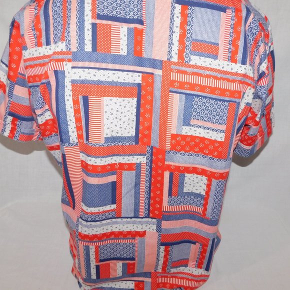 VTG Doug's Leisure Wear Mens L Red white blue Patchwork Look Button front Shirt - Picture 10 of 11